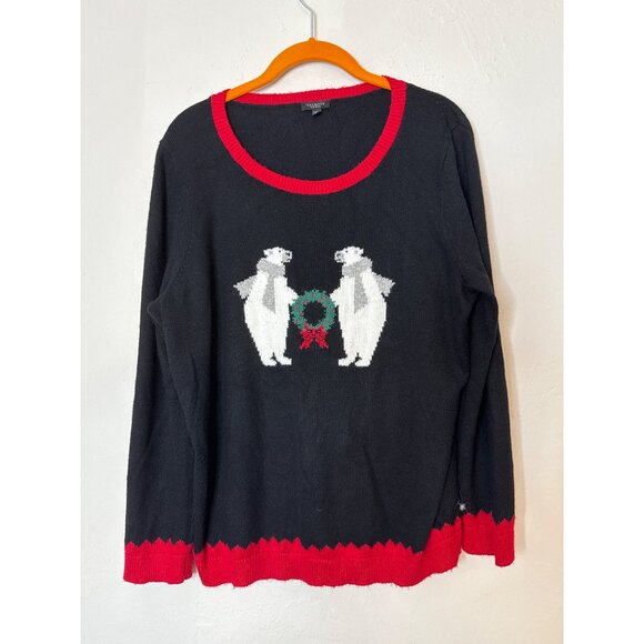 Talbots Holiday Christmas Polar Bear Black Red Round Neck Sweater Size 1X Petite - Picture 1 of 6